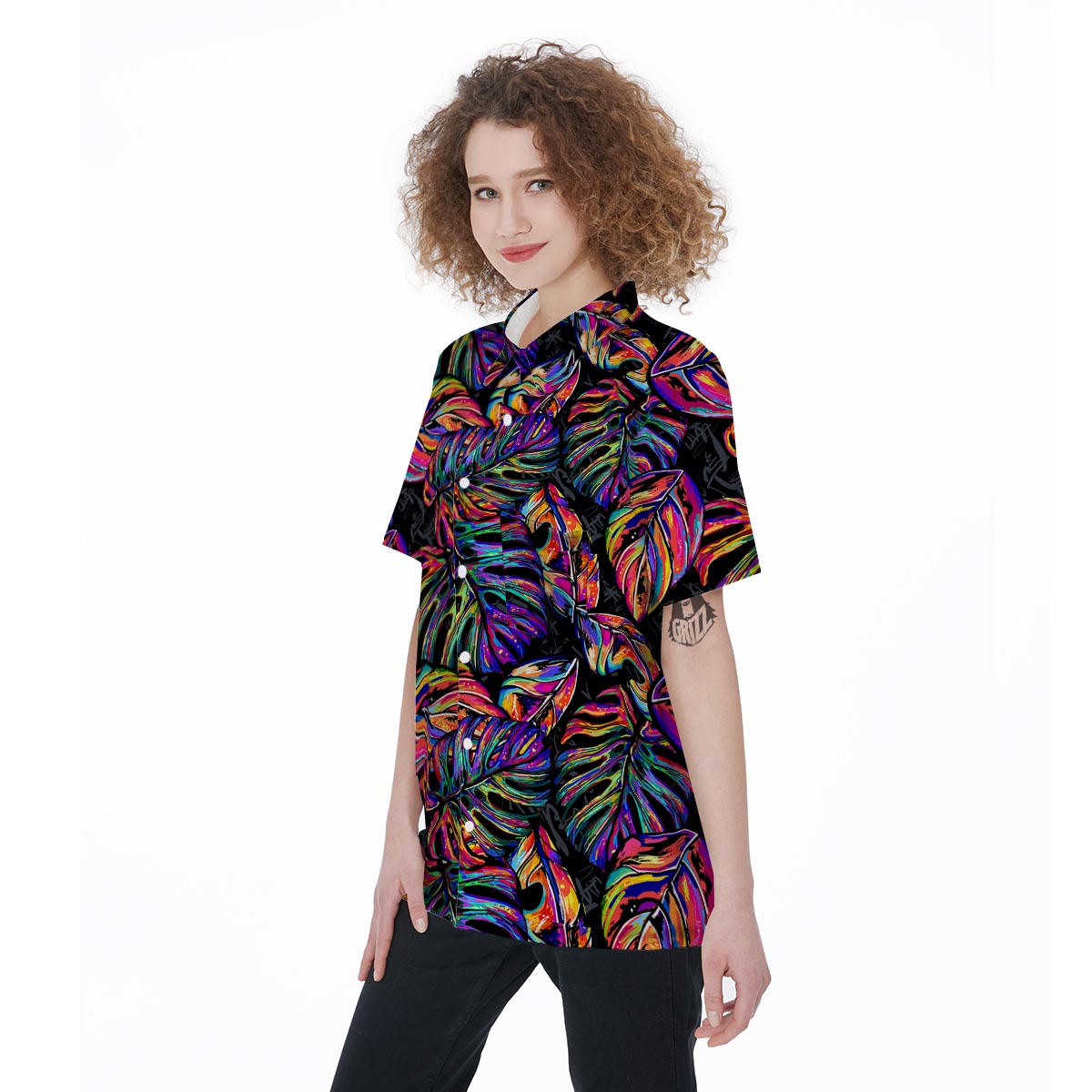 Neon Multicolor Palm Leaf Print Women's Short Sleeve Shirts-grizzshop