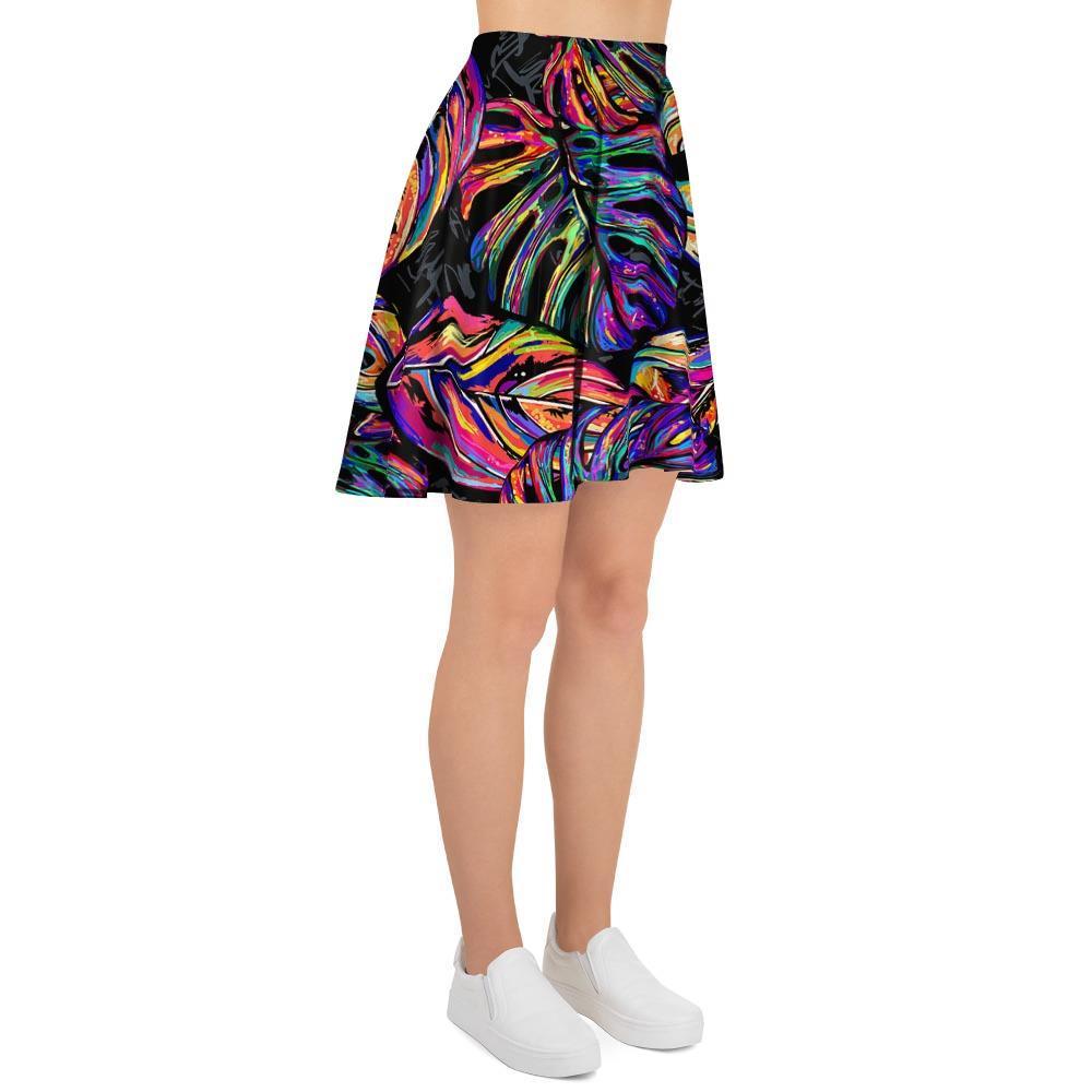 Neon Multicolor Palm Leaf Print Women's Skirt-grizzshop