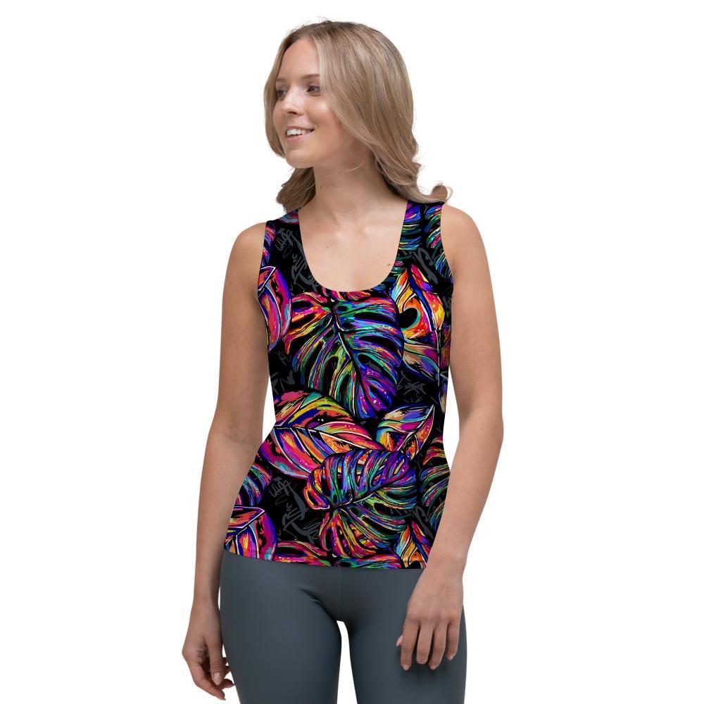 Neon Multicolor Palm Leaf Print Women's Tank Top-grizzshop