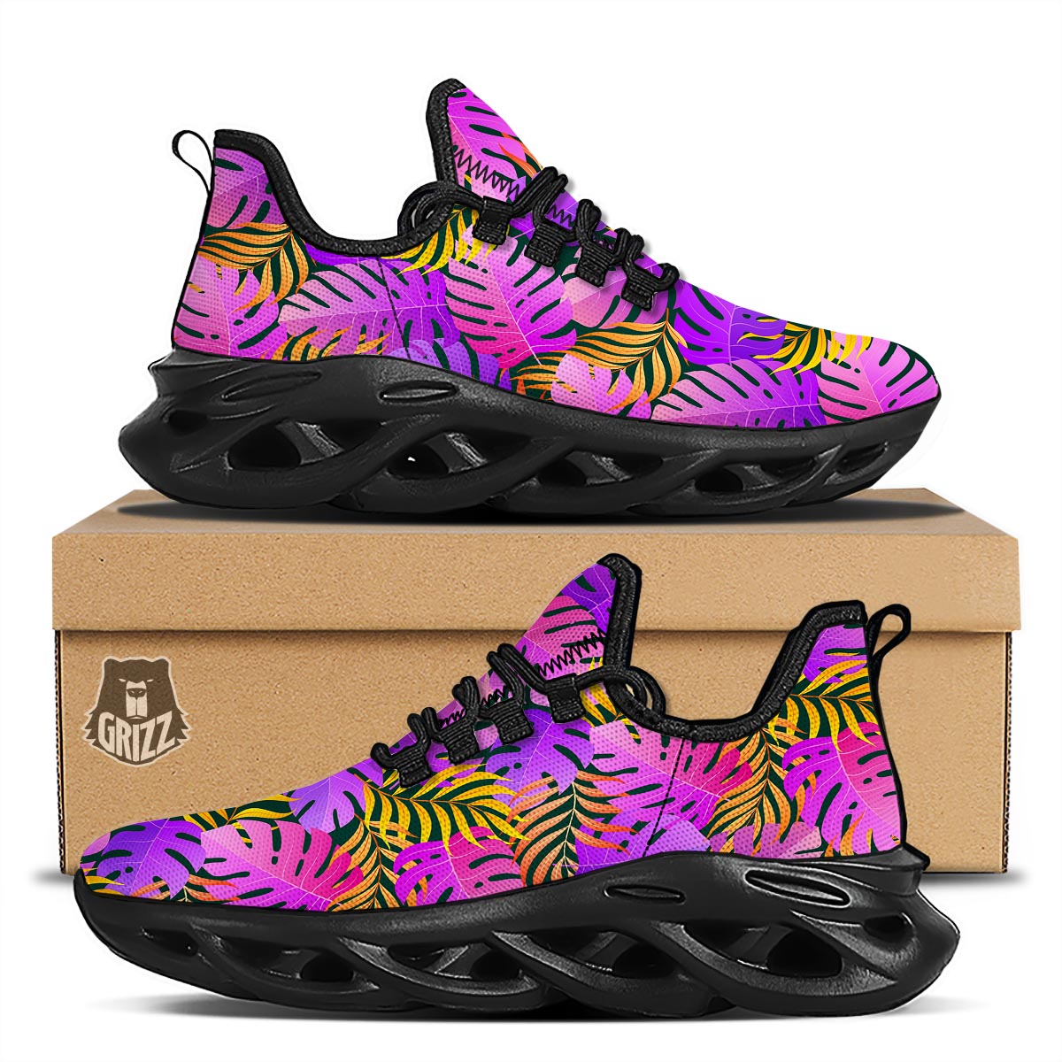 Neon Palm Leaf Edm Print Black Running Shoes-grizzshop