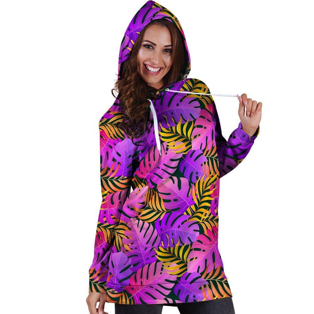 Neon Palm Leaf Edm Print Hoodie Dress-grizzshop