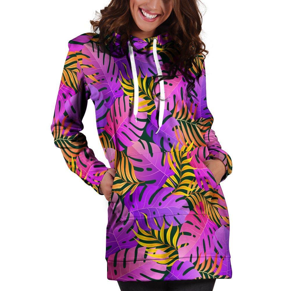 Neon Palm Leaf Edm Print Hoodie Dress-grizzshop