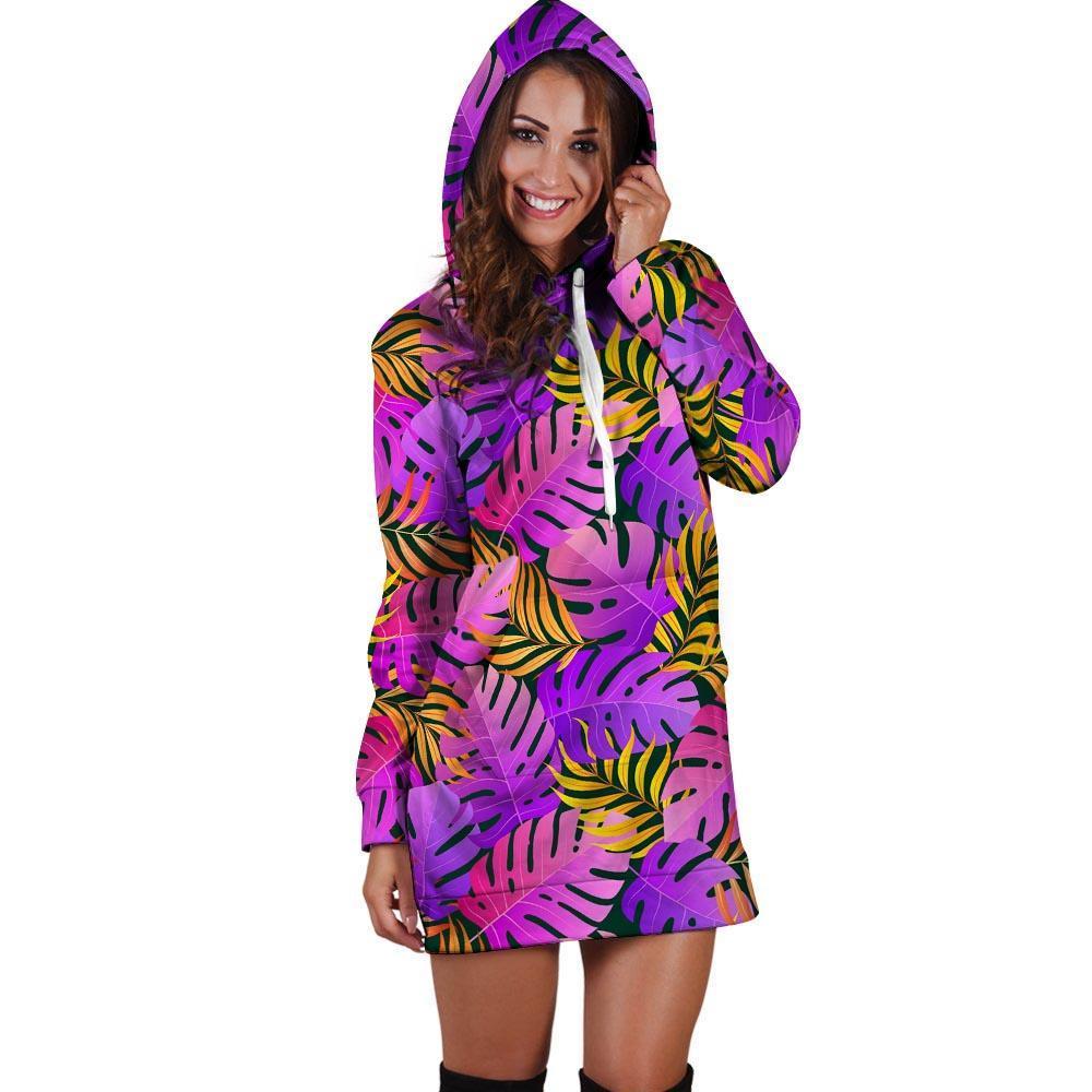 Neon Palm Leaf Edm Print Hoodie Dress-grizzshop