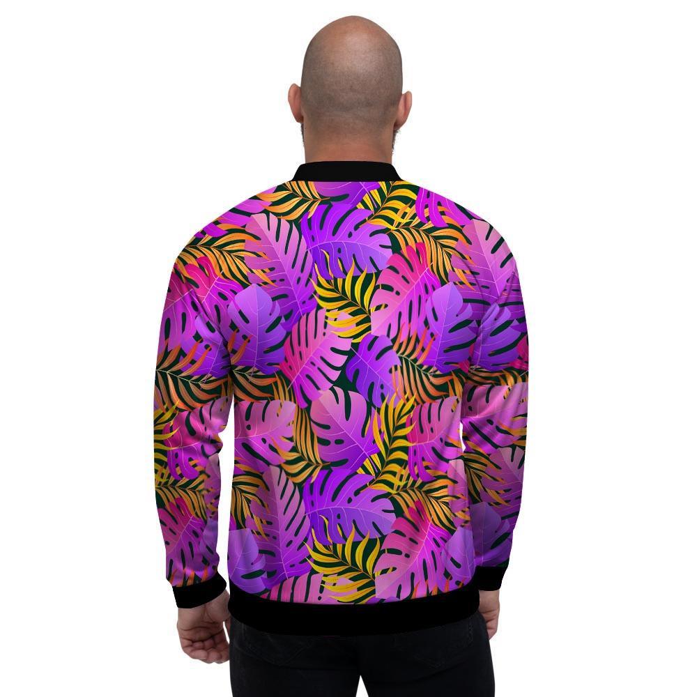 Neon Palm Leaf Edm Print Men's Bomber Jacket-grizzshop