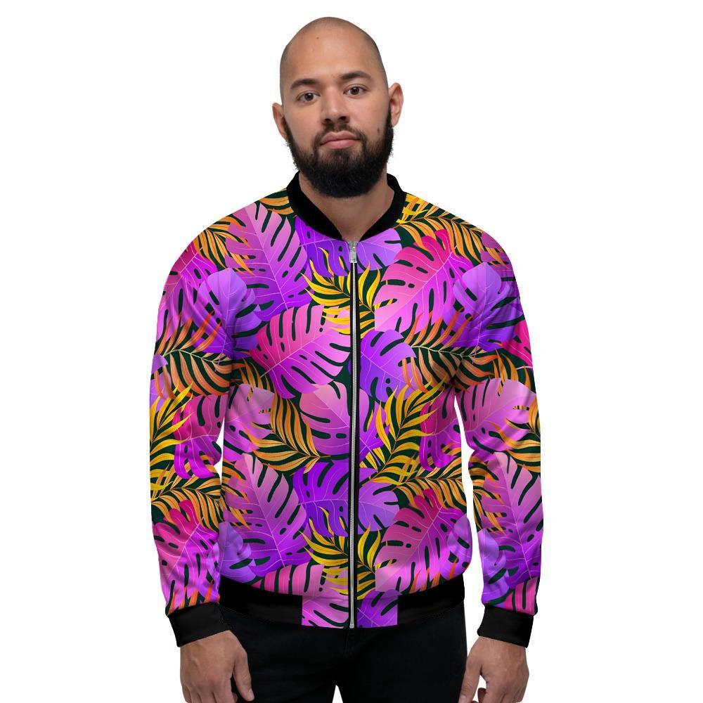 Neon Palm Leaf Edm Print Men's Bomber Jacket-grizzshop