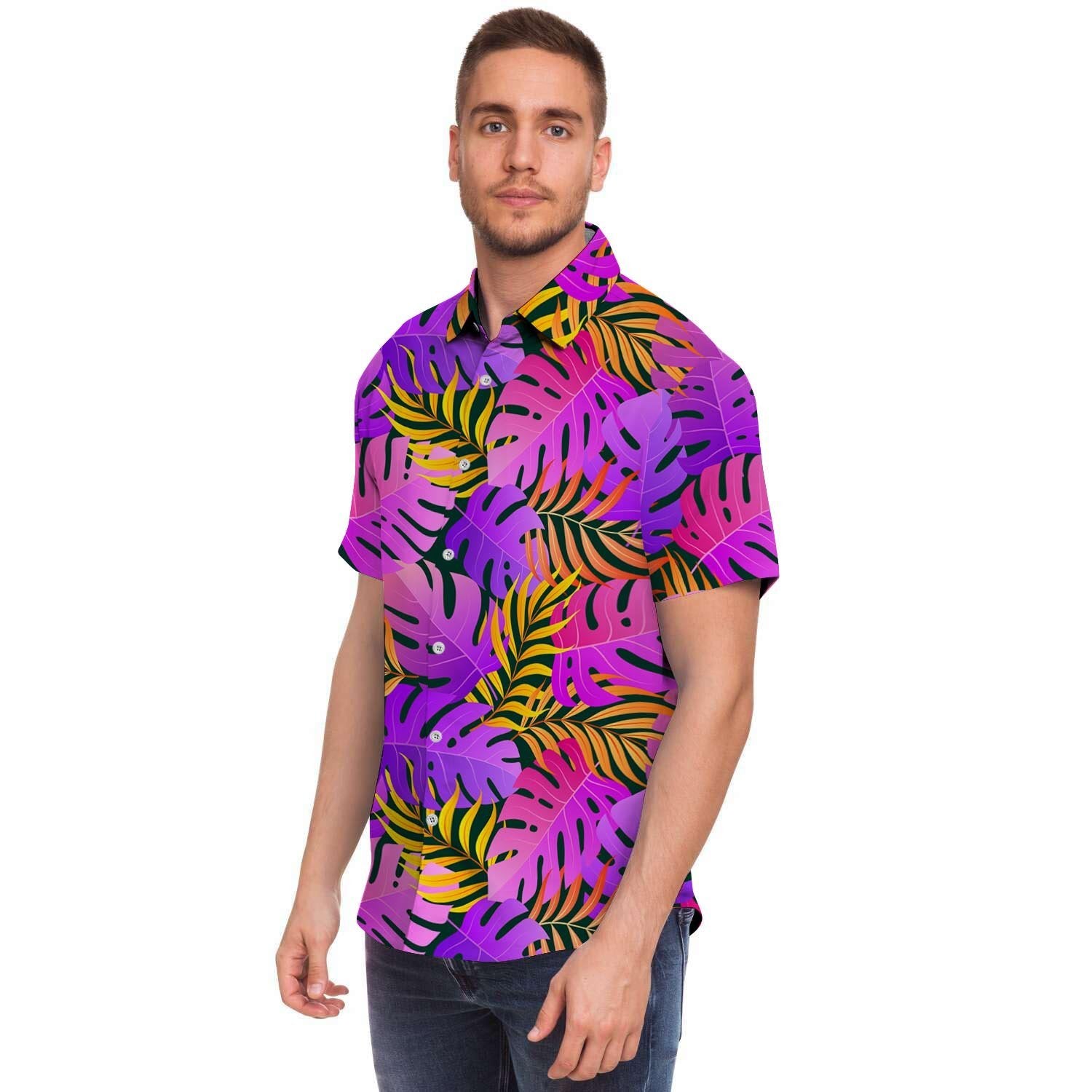Neon Palm Leaf Edm Print Men's Short Sleeve Shirt-grizzshop