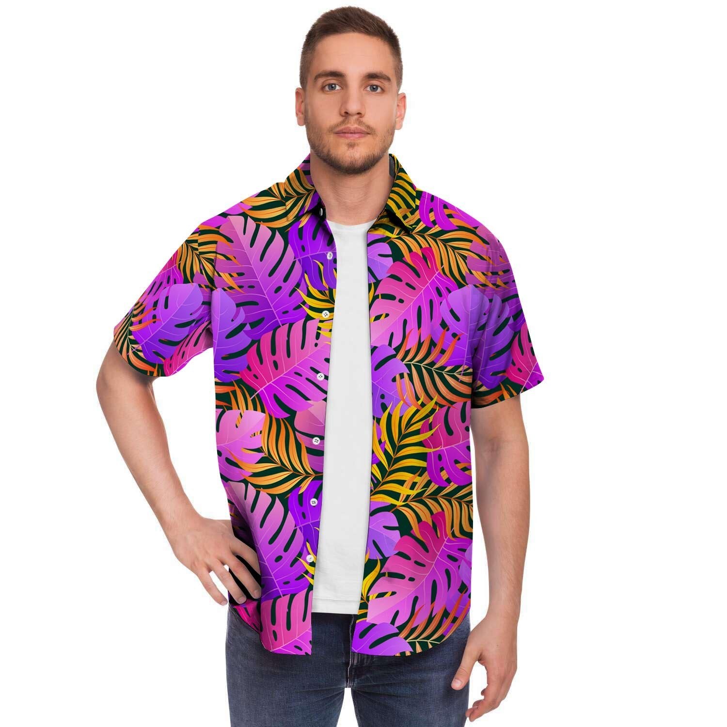 Neon Palm Leaf Edm Print Men's Short Sleeve Shirt-grizzshop