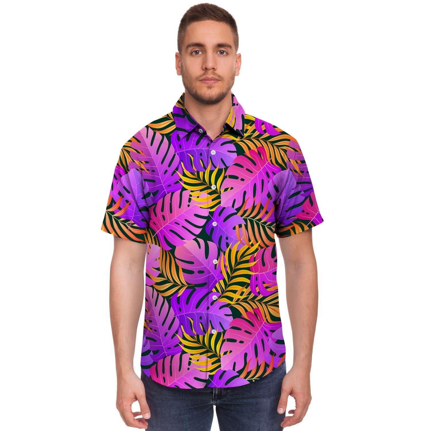 Neon Palm Leaf Edm Print Men's Short Sleeve Shirt-grizzshop