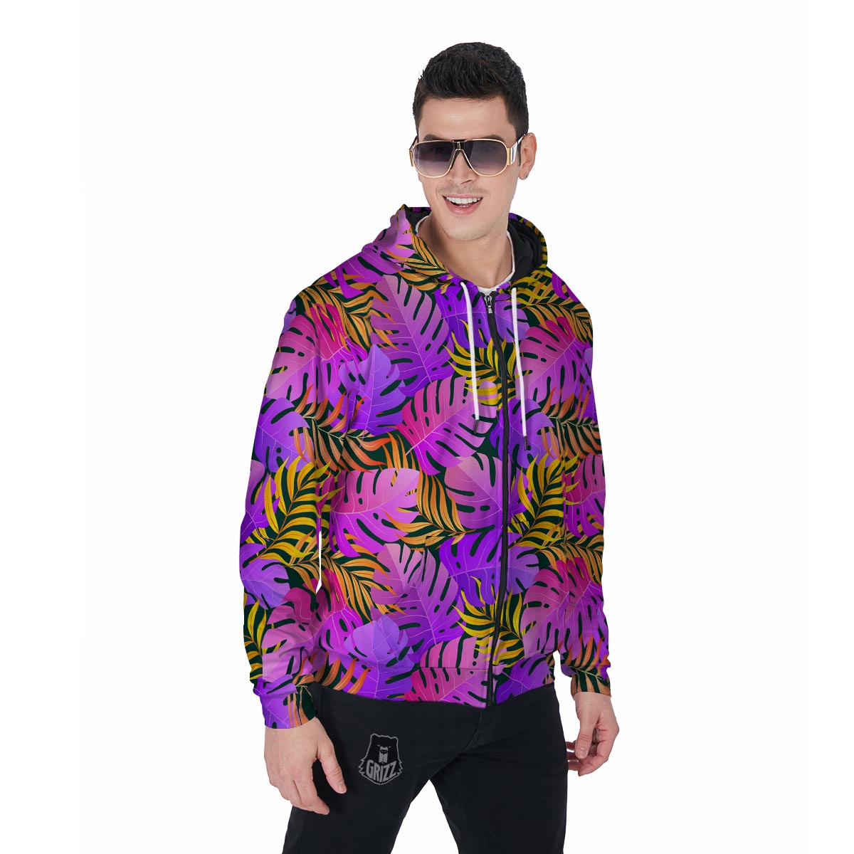 Neon Palm Leaf Edm Print Men's Zip Up Hoodie-grizzshop