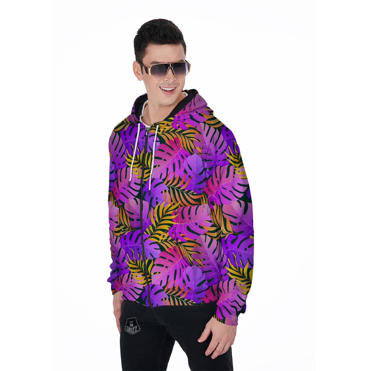 Neon Palm Leaf Edm Print Men's Zip Up Hoodie-grizzshop
