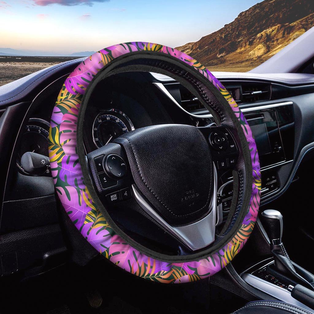 Neon Palm Leaf Edm Print Steering Wheel Cover-grizzshop