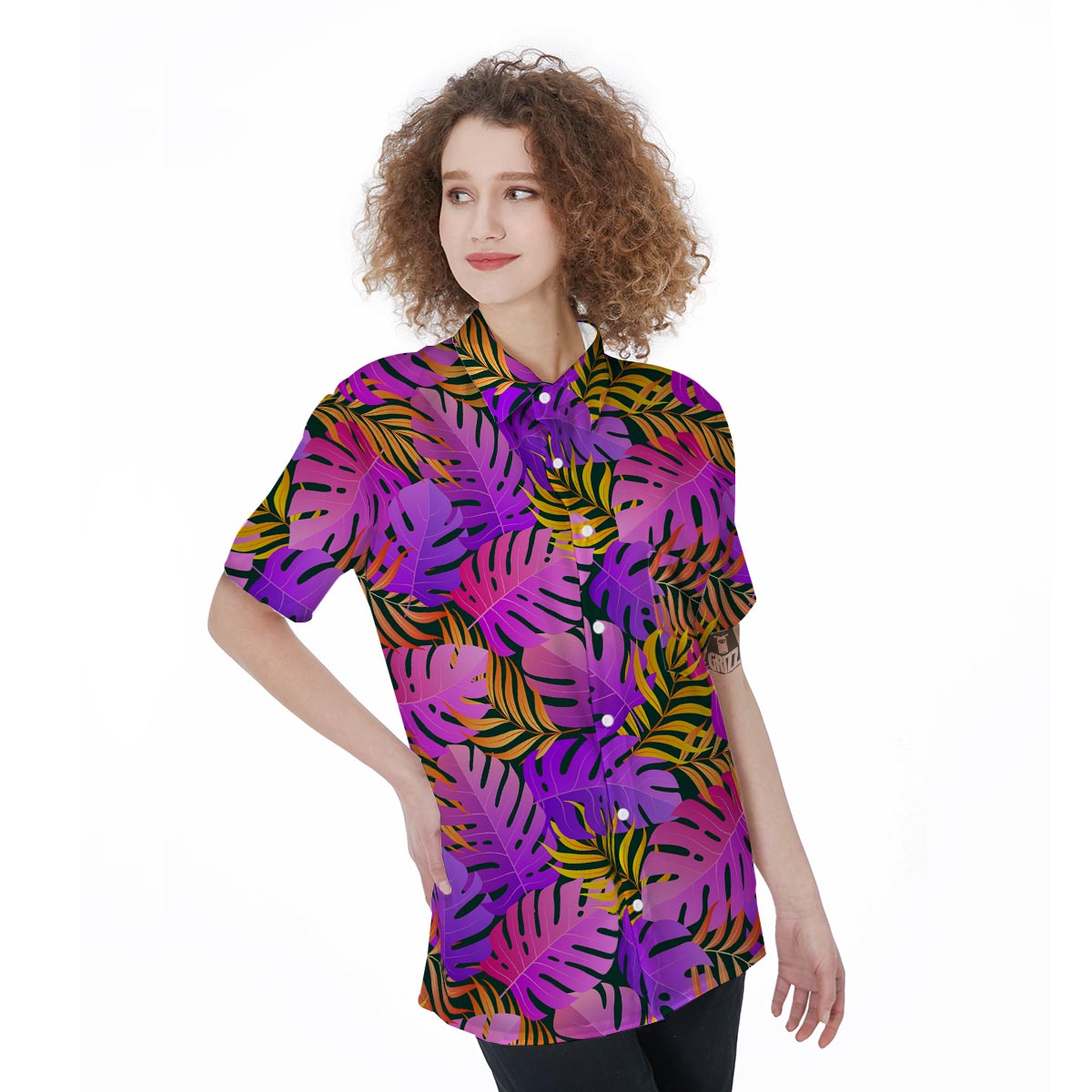Neon Palm Leaf Edm Print Women's Short Sleeve Shirts-grizzshop