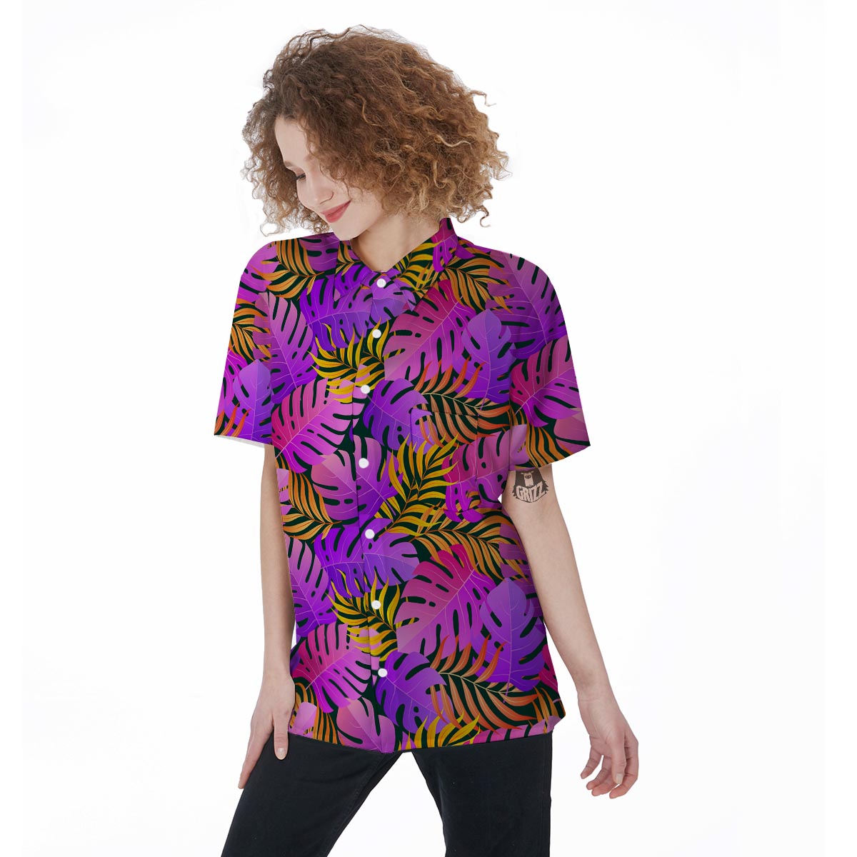 Neon Palm Leaf Edm Print Women's Short Sleeve Shirts-grizzshop