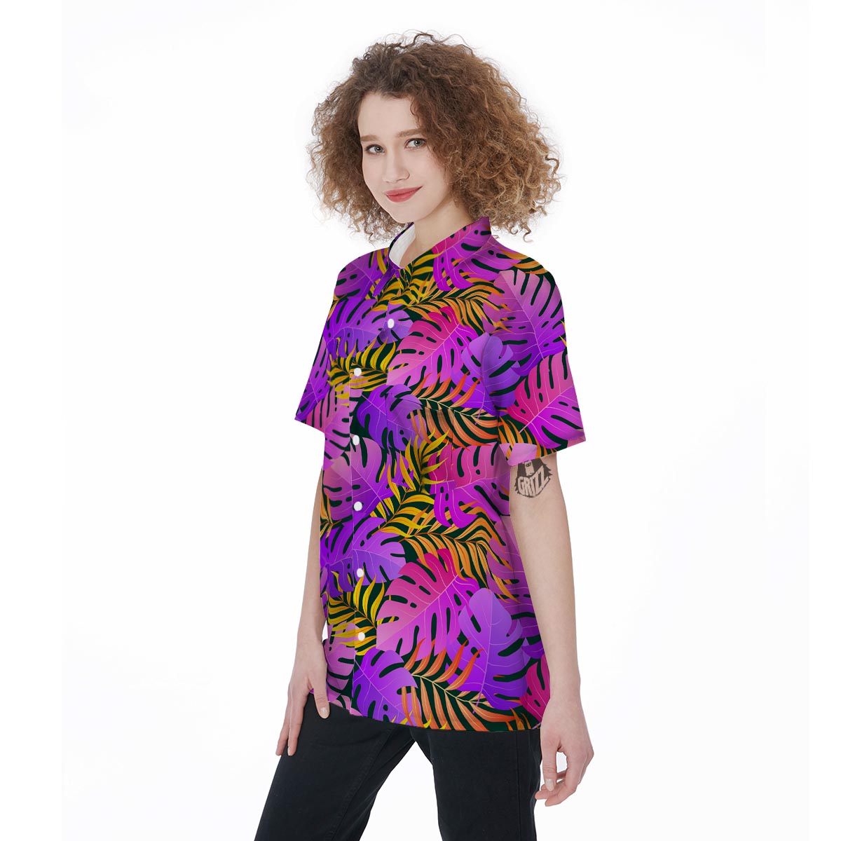 Neon Palm Leaf Edm Print Women's Short Sleeve Shirts-grizzshop