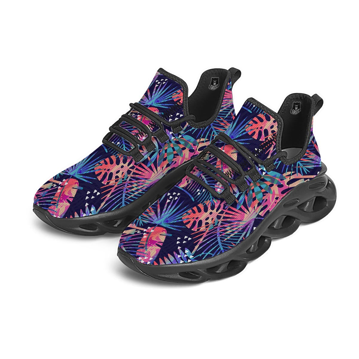 Neon Palm Leaf Hawaiian Print Black Running Shoes-grizzshop