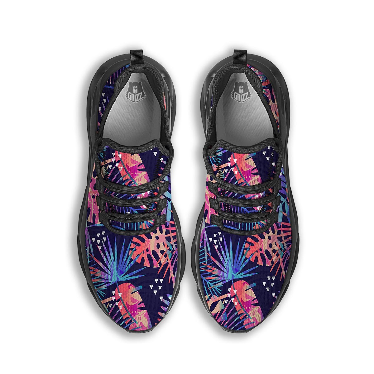 Neon Palm Leaf Hawaiian Print Black Running Shoes-grizzshop