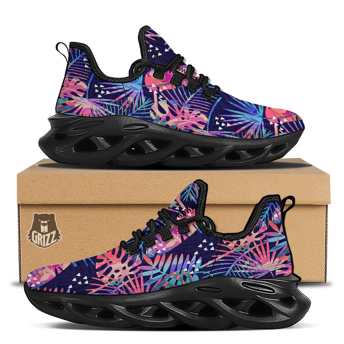 Neon Palm Leaf Hawaiian Print Black Running Shoes-grizzshop