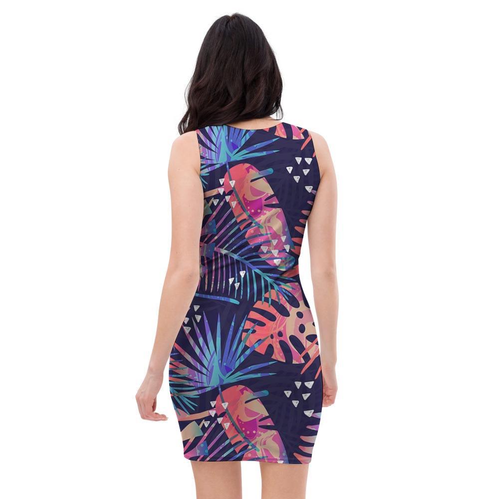 Neon Palm Leaf Hawaiian Print Bodycon Dress-grizzshop