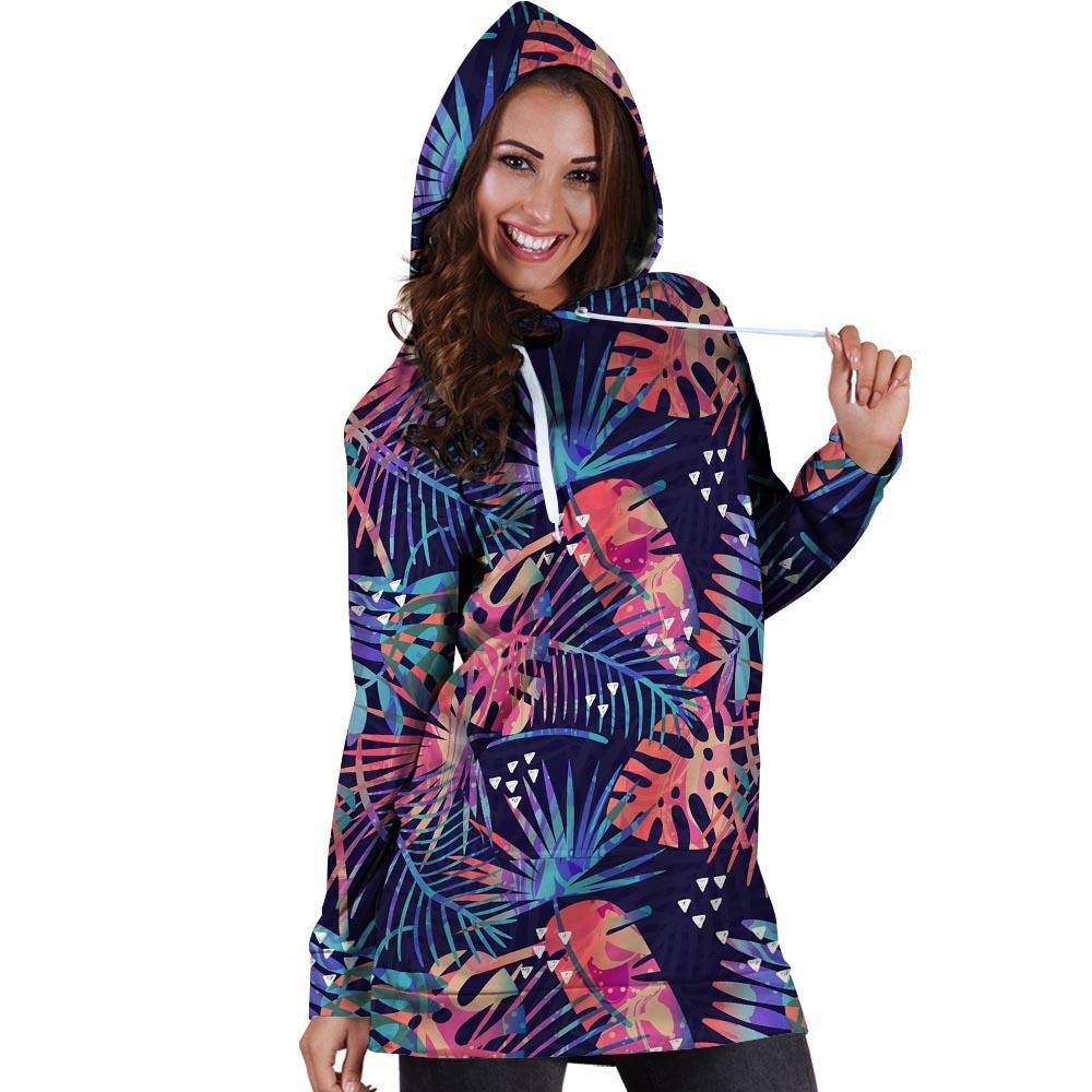 Neon Palm Leaf Hawaiian Print Hoodie Dress-grizzshop