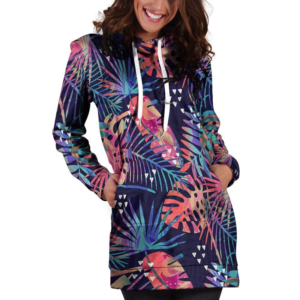 Neon Palm Leaf Hawaiian Print Hoodie Dress-grizzshop