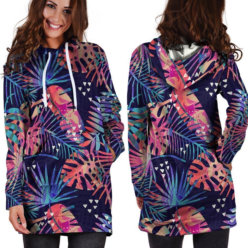 Neon Palm Leaf Hawaiian Print Hoodie Dress-grizzshop