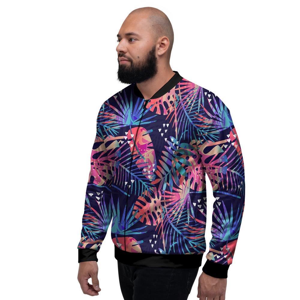 Neon Palm Leaf Hawaiian Print Men's Bomber Jacket-grizzshop