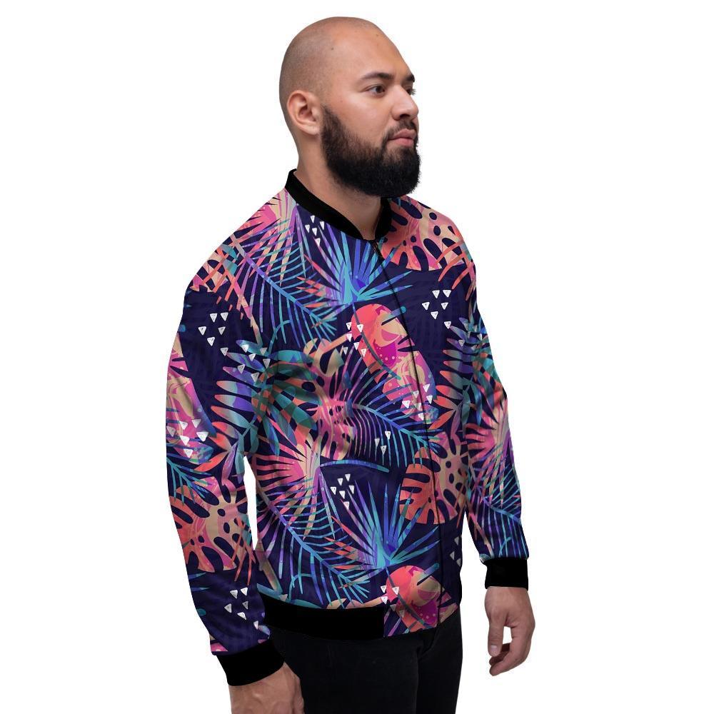 Neon Palm Leaf Hawaiian Print Men's Bomber Jacket-grizzshop