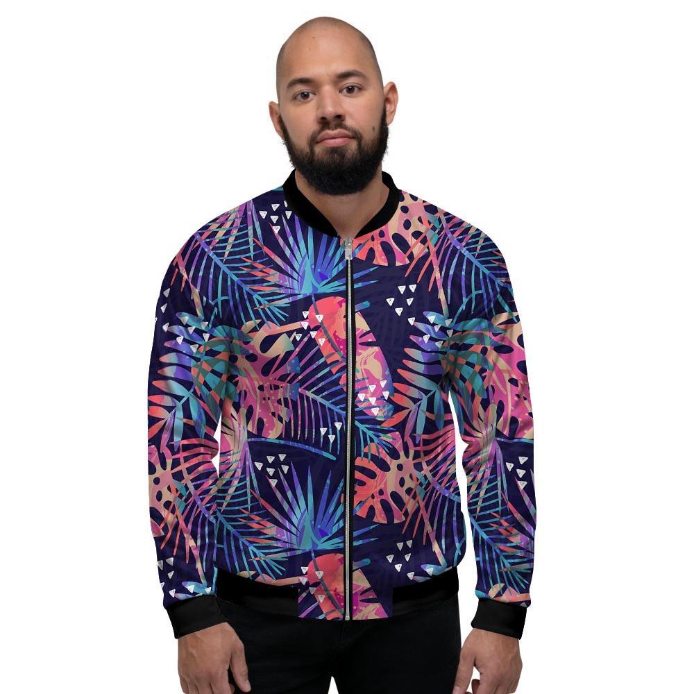 Neon Palm Leaf Hawaiian Print Men's Bomber Jacket-grizzshop