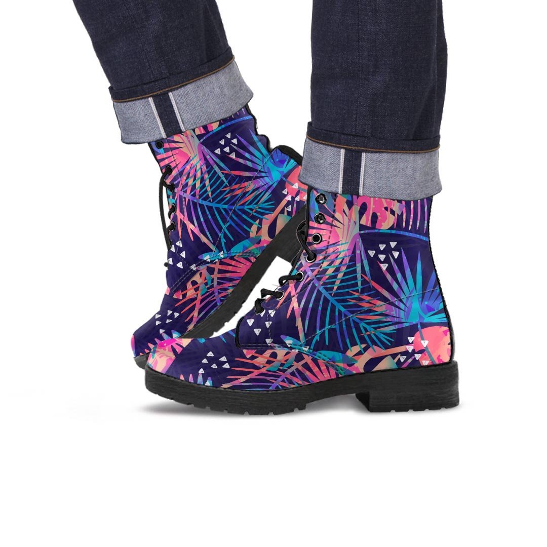 Neon Palm Leaf Hawaiian Print Men's Boots-grizzshop