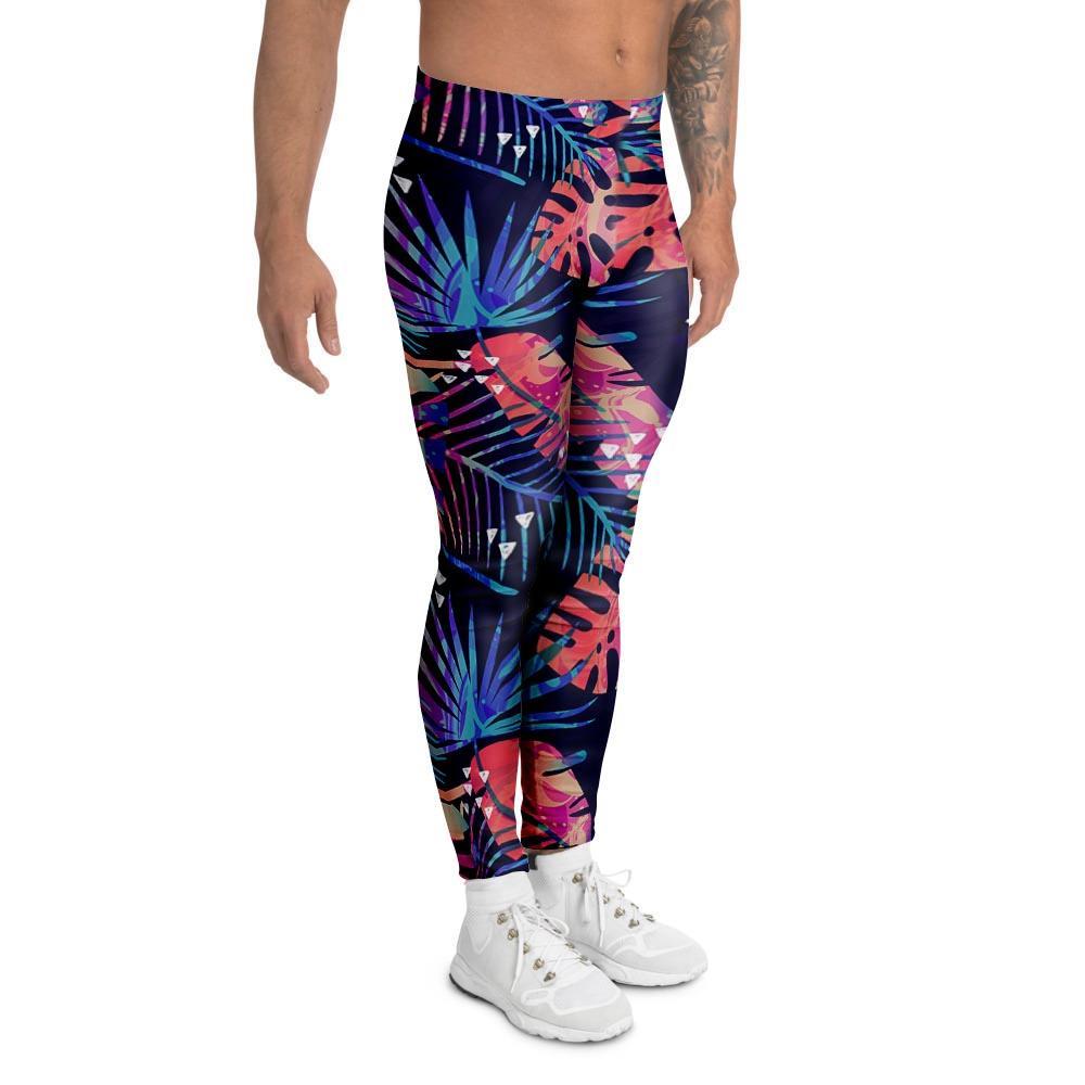 Neon Palm Leaf Hawaiian Print Men's Leggings-grizzshop