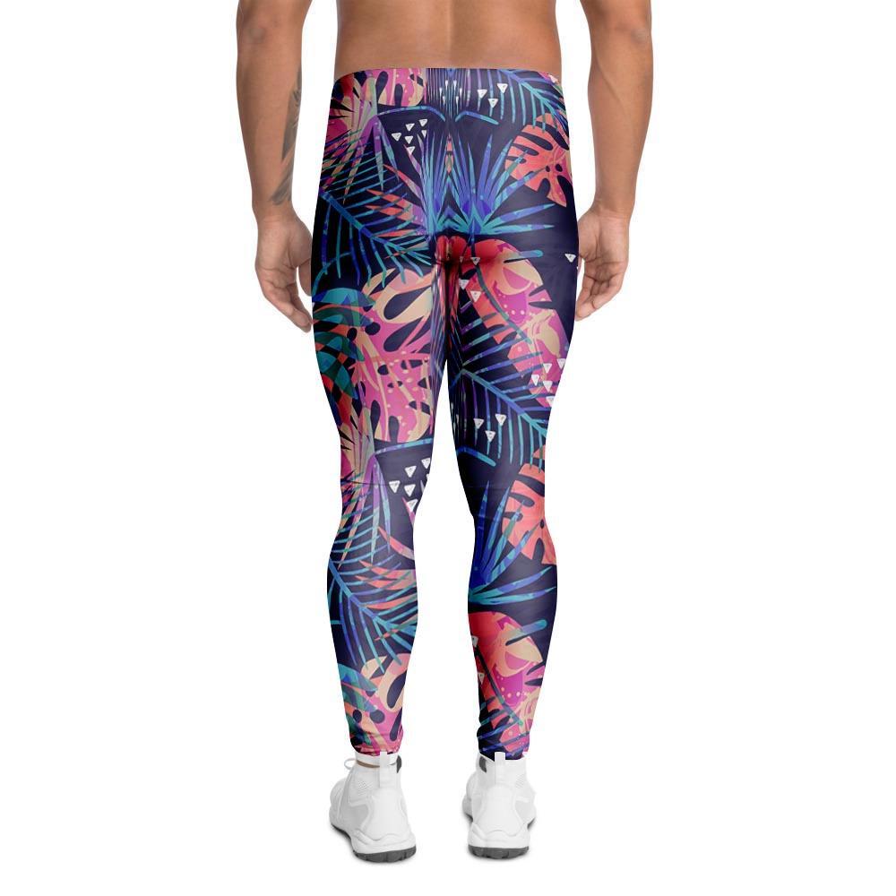 Neon Palm Leaf Hawaiian Print Men's Leggings-grizzshop