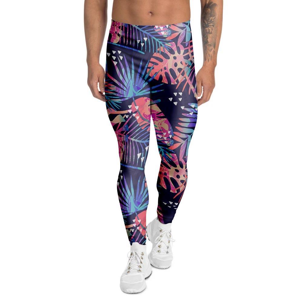 Neon Palm Leaf Hawaiian Print Men's Leggings-grizzshop