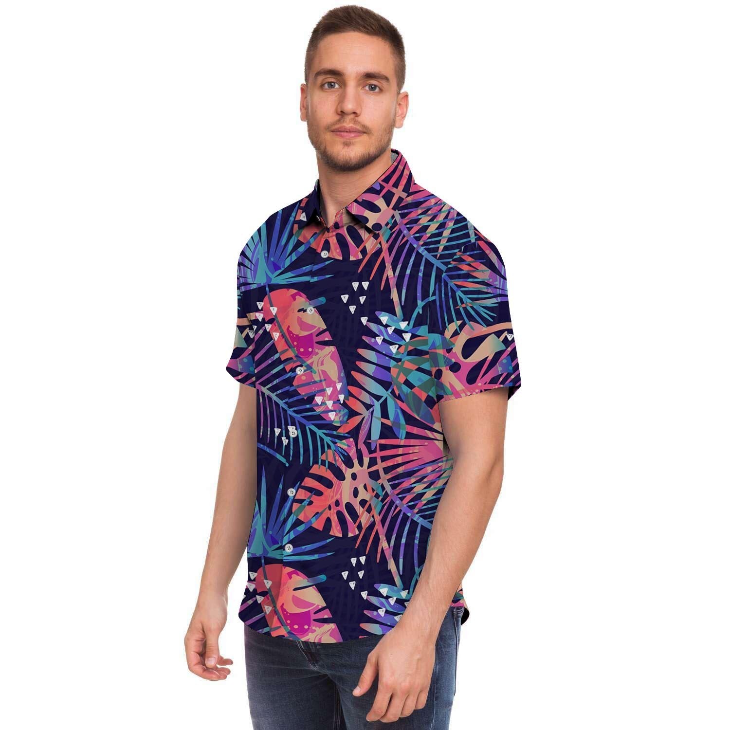Neon Palm Leaf Hawaiian Print Men's Short Sleeve Shirt-grizzshop