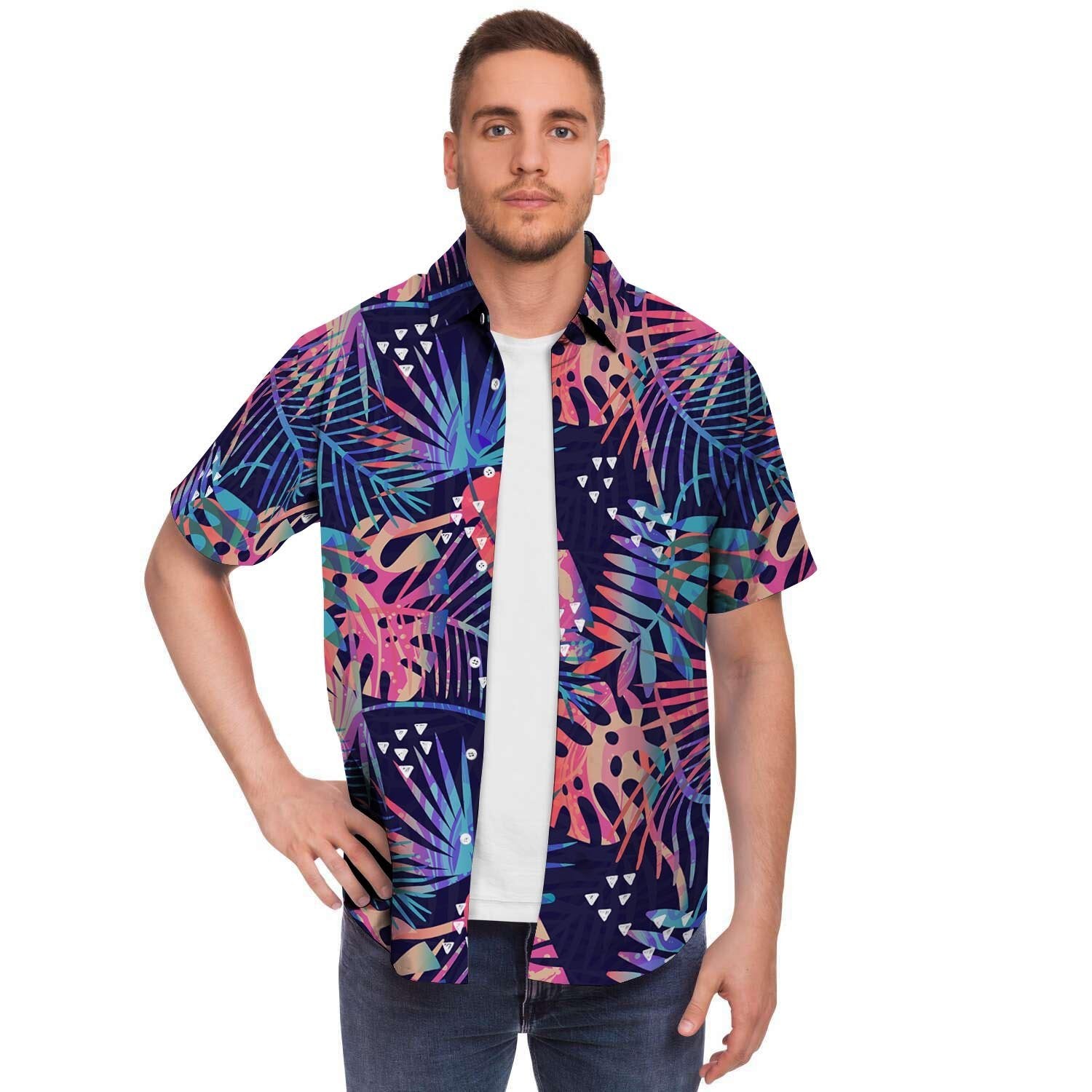 Neon Palm Leaf Hawaiian Print Men's Short Sleeve Shirt-grizzshop