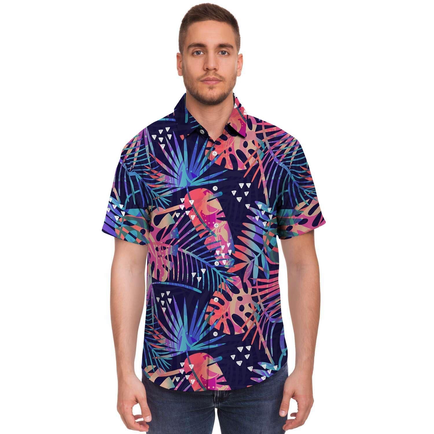 Neon Palm Leaf Hawaiian Print Men's Short Sleeve Shirt-grizzshop