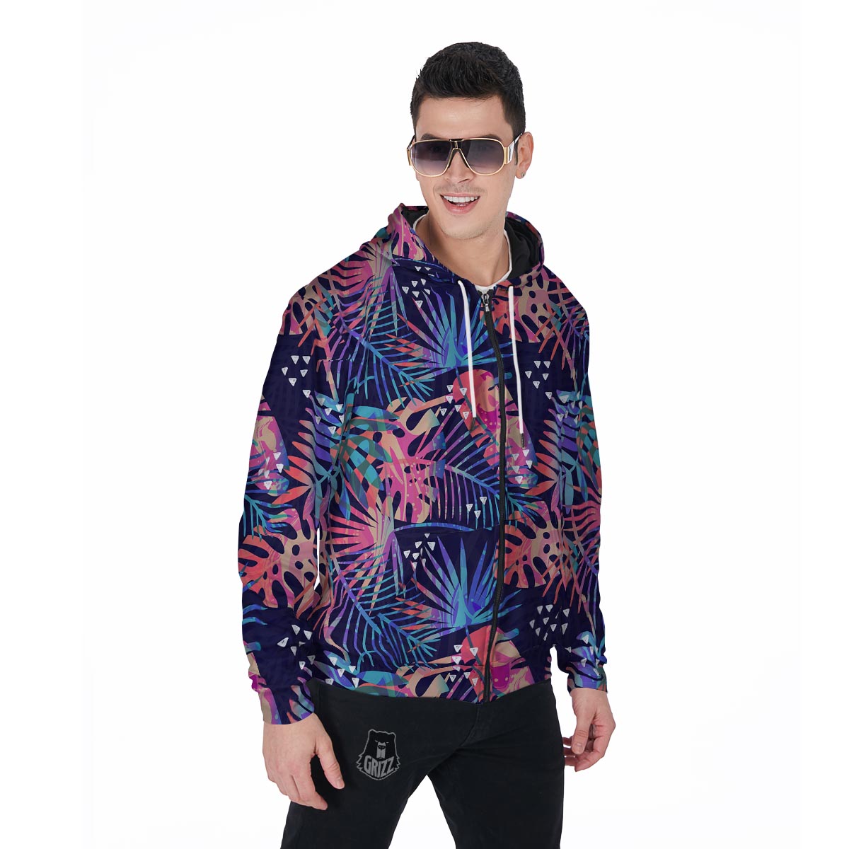Neon Palm Leaf Hawaiian Print Men's Zip Up Hoodie-grizzshop