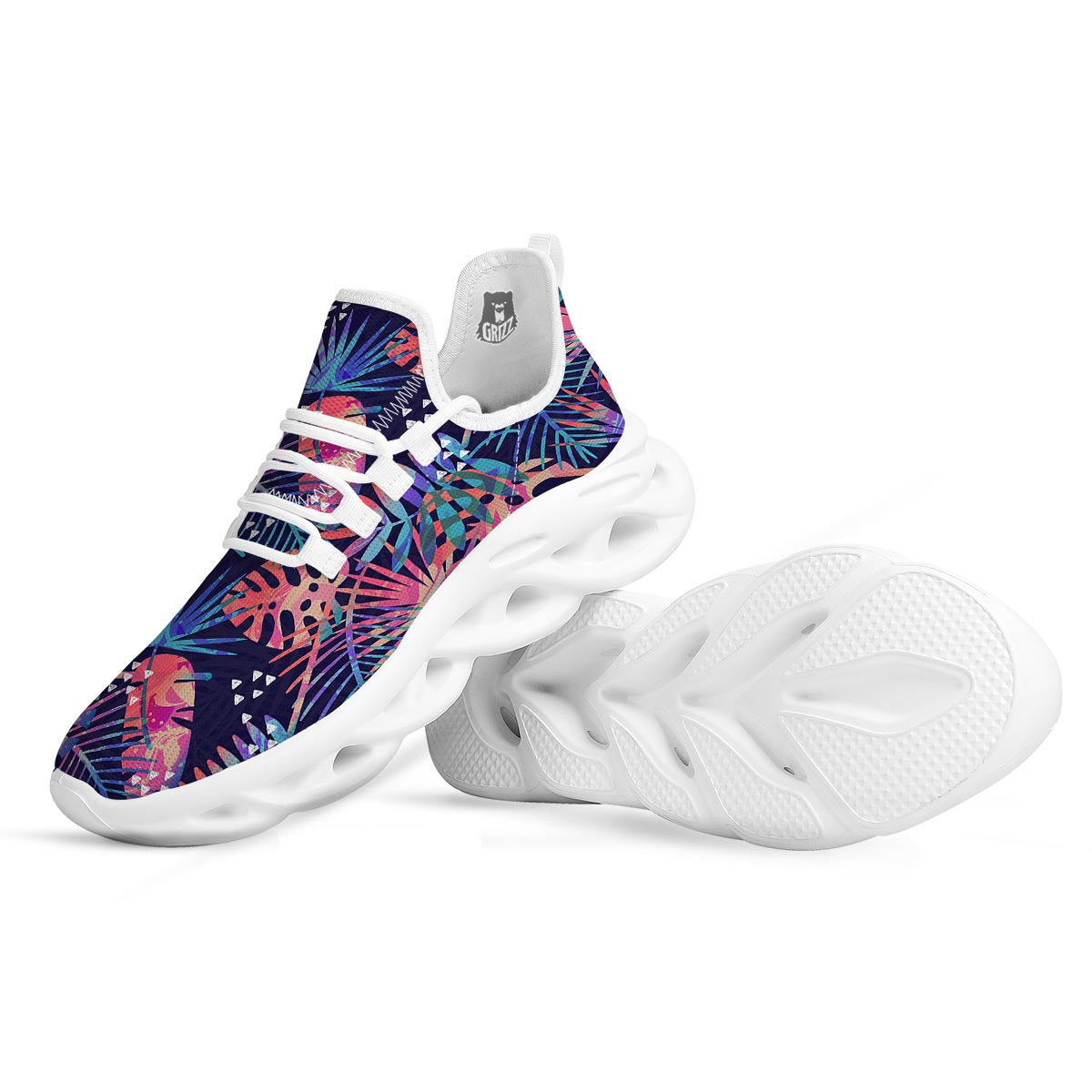 Neon Palm Leaf Hawaiian Print White Running Shoes-grizzshop