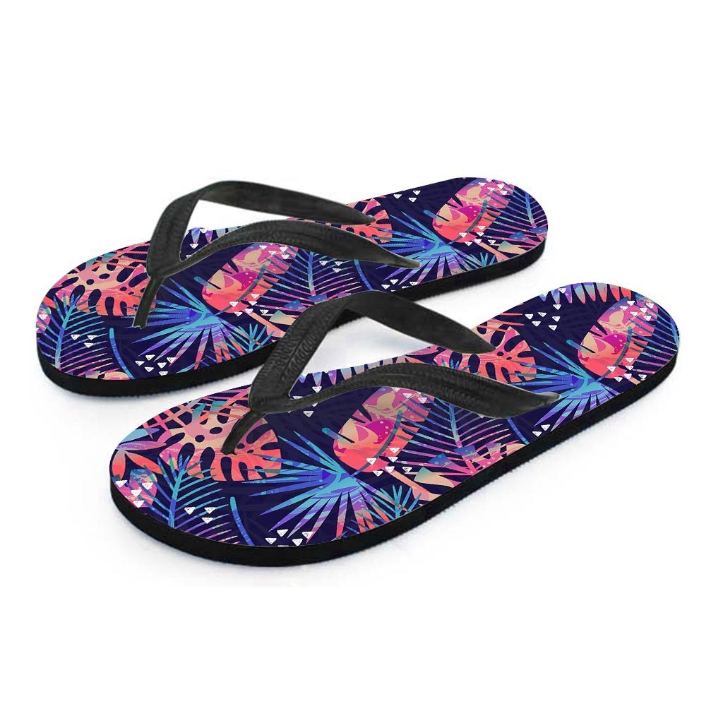 Neon Palm Leaf Hawaiian Print Women's Flip Flops-grizzshop