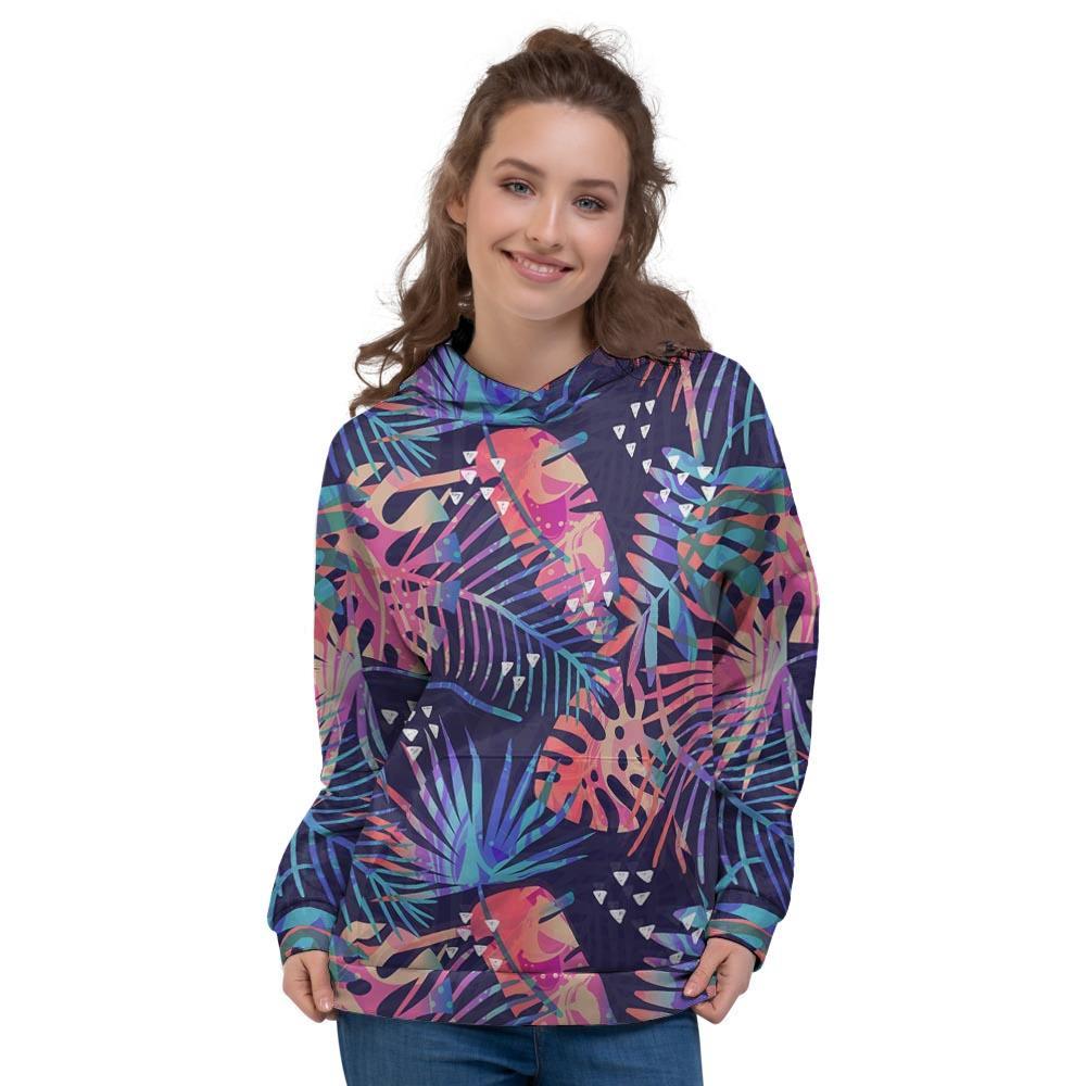 Neon Palm Leaf Hawaiian Print Women's Hoodie-grizzshop