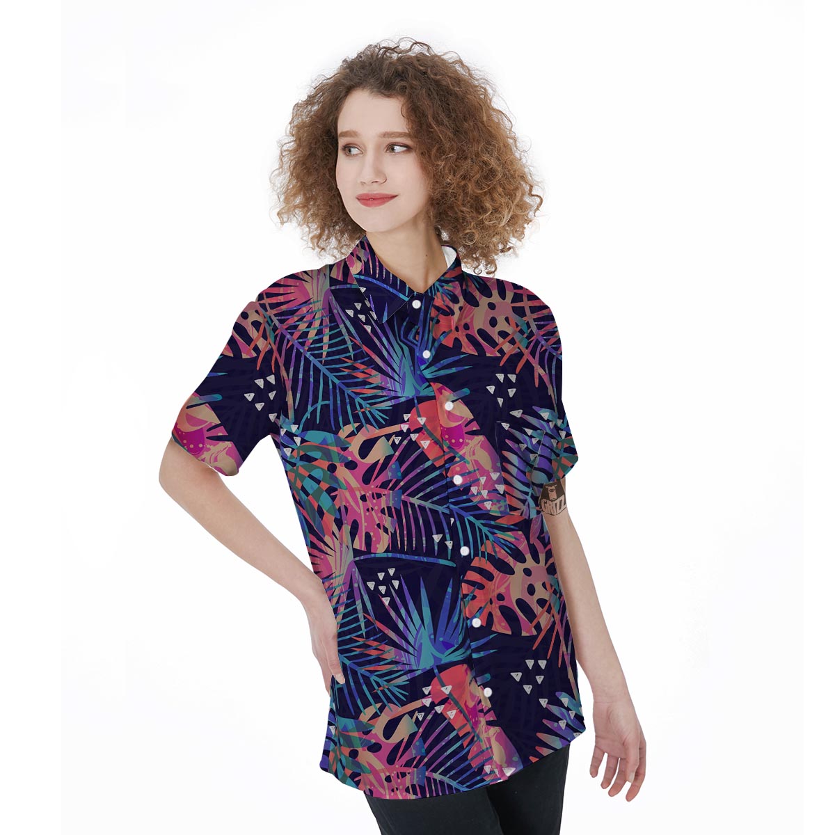 Neon Palm Leaf Hawaiian Print Women's Short Sleeve Shirts-grizzshop