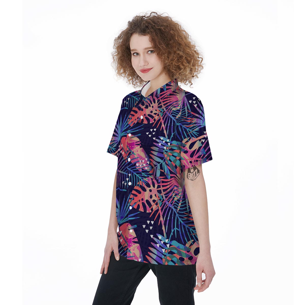 Neon Palm Leaf Hawaiian Print Women's Short Sleeve Shirts-grizzshop