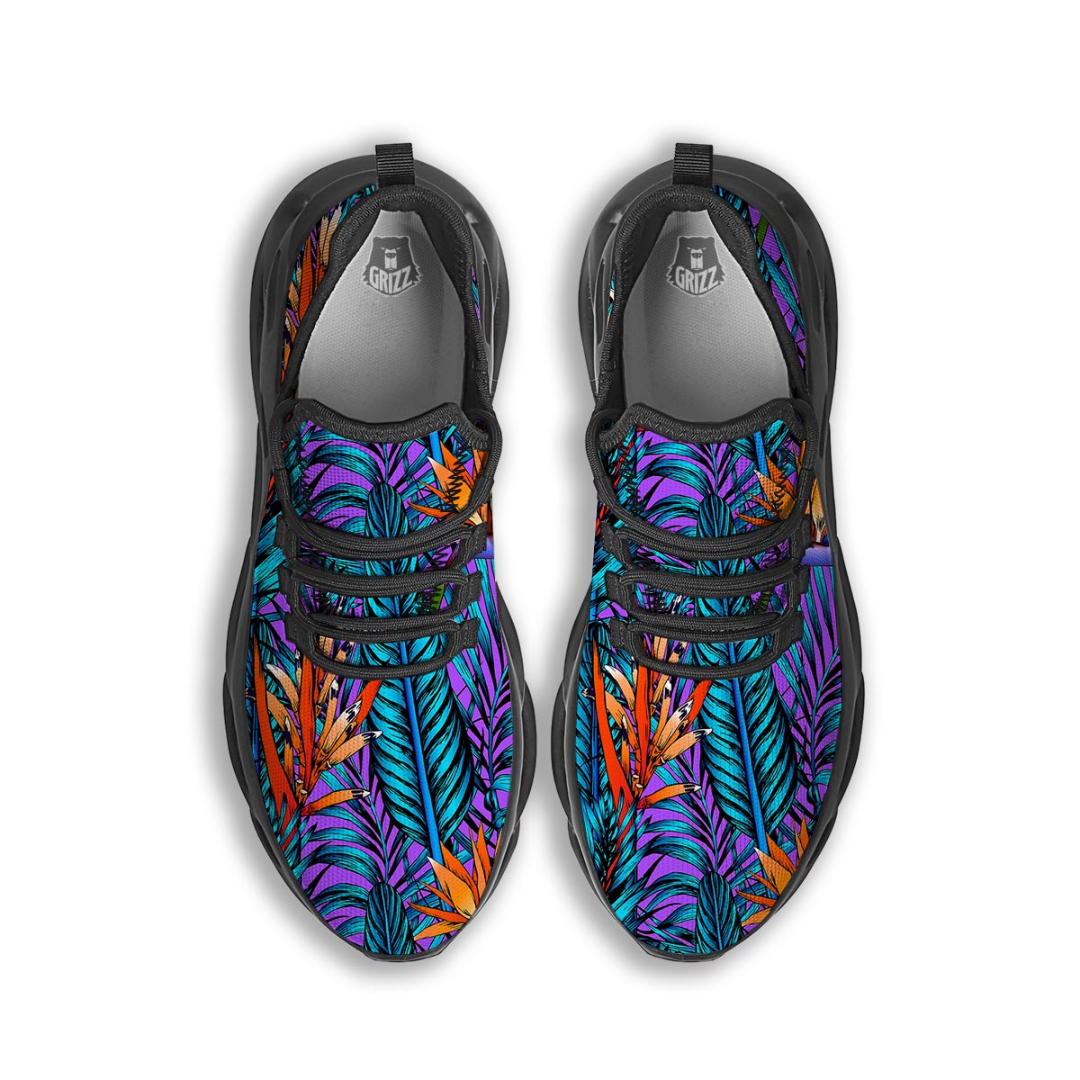 Neon Palm Leaf Tropical Print Black Running Shoes-grizzshop