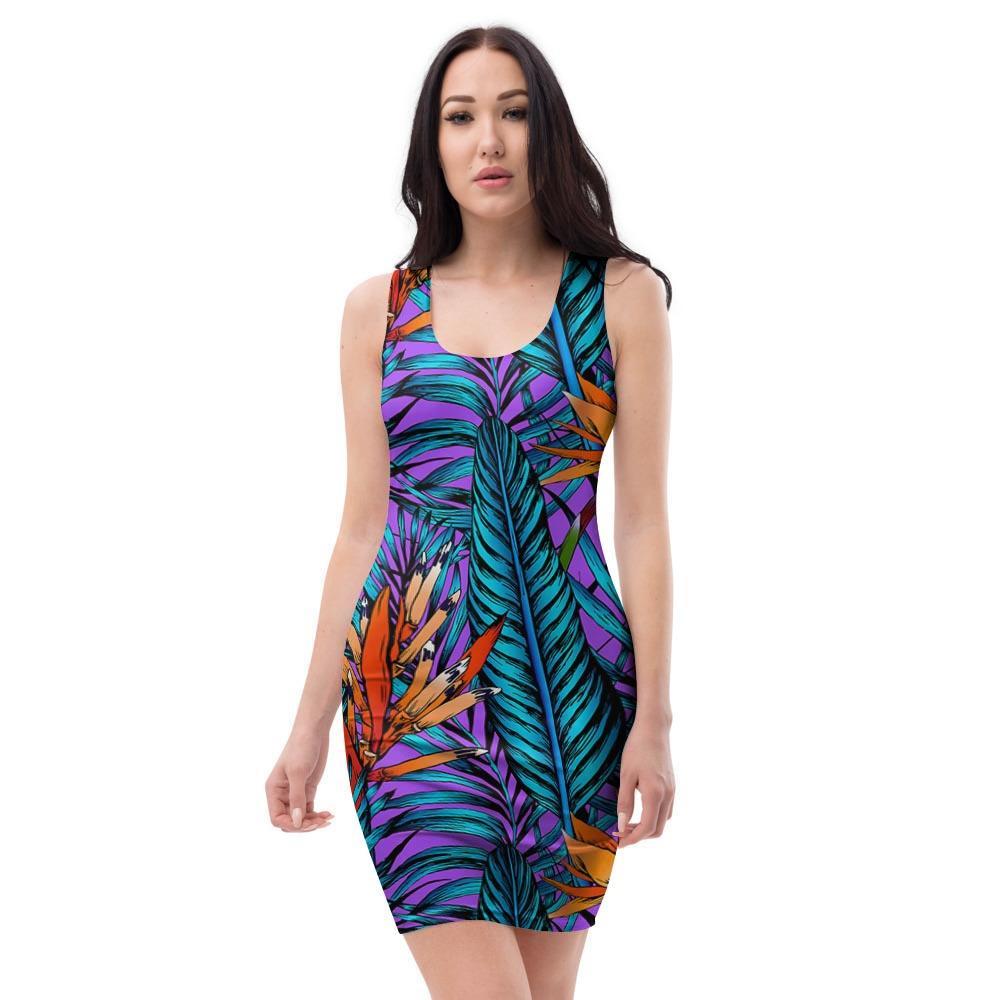 Neon Palm Leaf Tropical Print Bodycon Dress-grizzshop