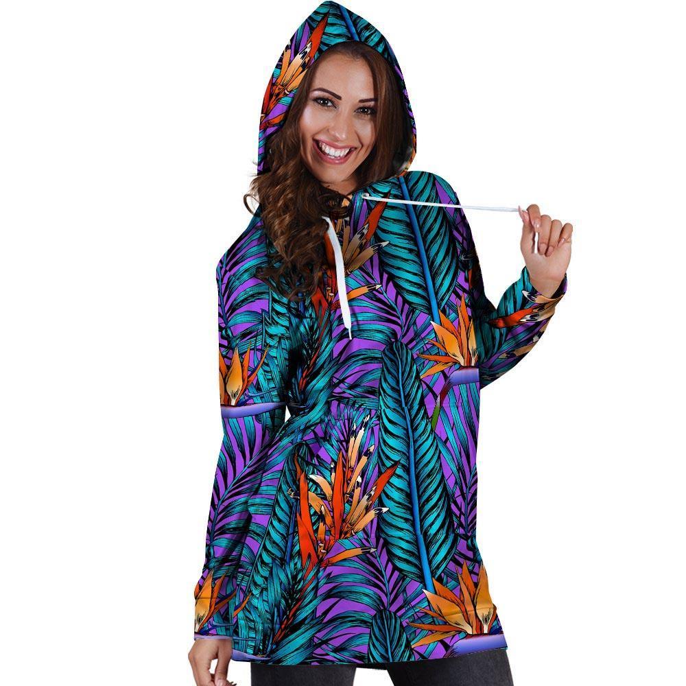 Neon Palm Leaf Tropical Print Hoodie Dress-grizzshop