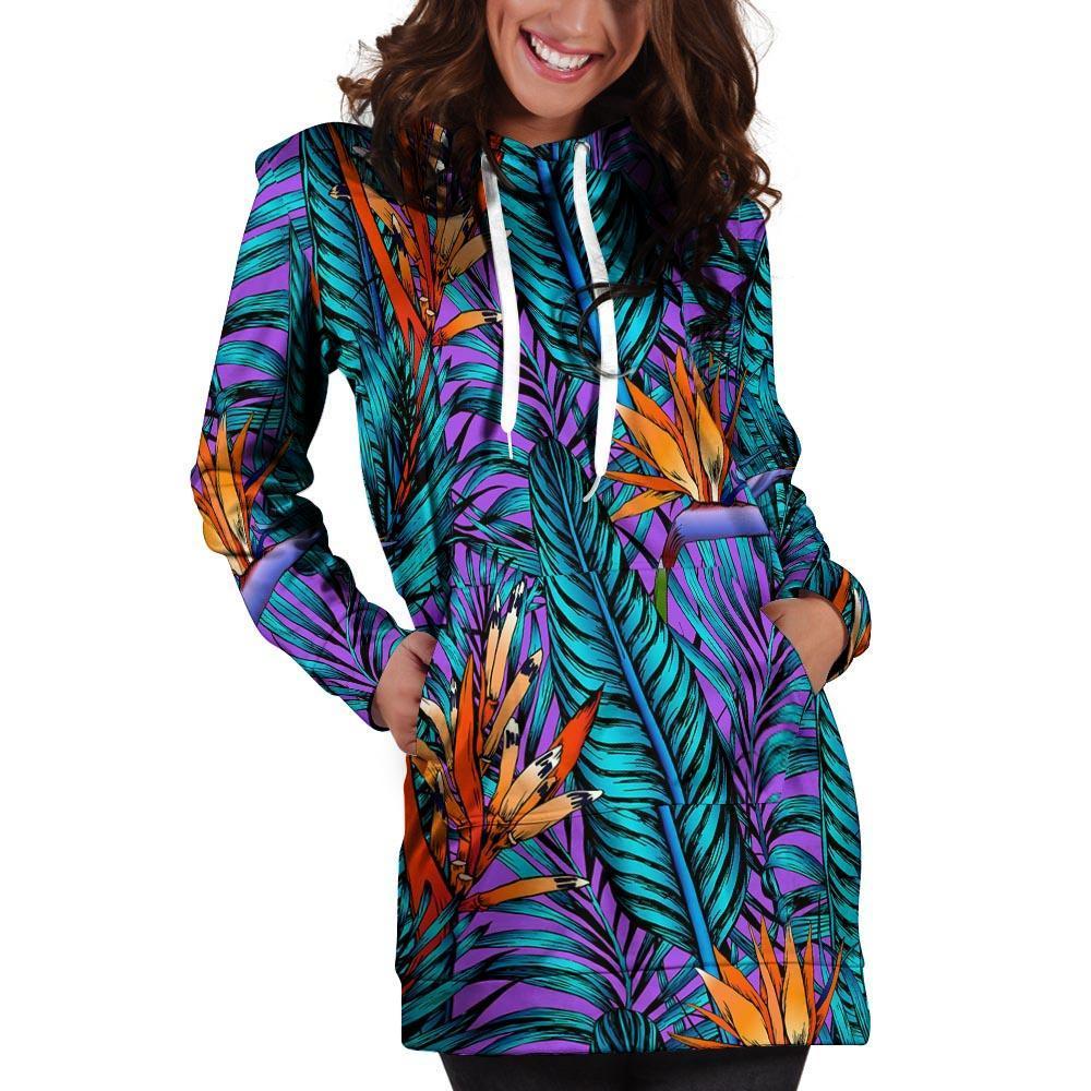 Neon Palm Leaf Tropical Print Hoodie Dress-grizzshop