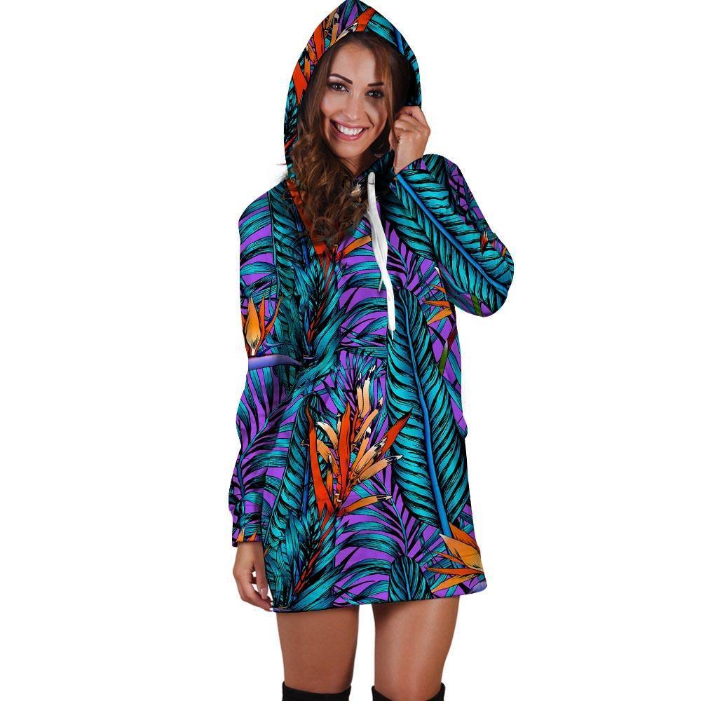 Neon Palm Leaf Tropical Print Hoodie Dress-grizzshop