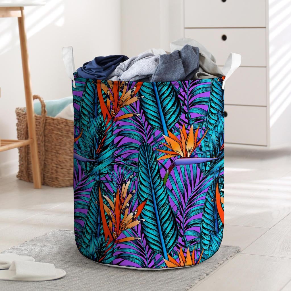 Neon Palm Leaf Tropical Print Laundry Basket-grizzshop