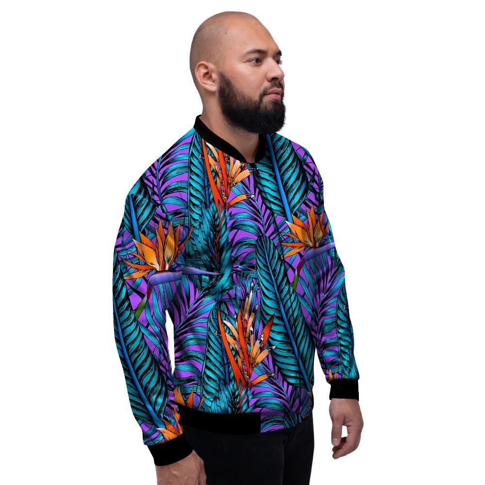 Neon Palm Leaf Tropical Print Men's Bomber Jacket-grizzshop