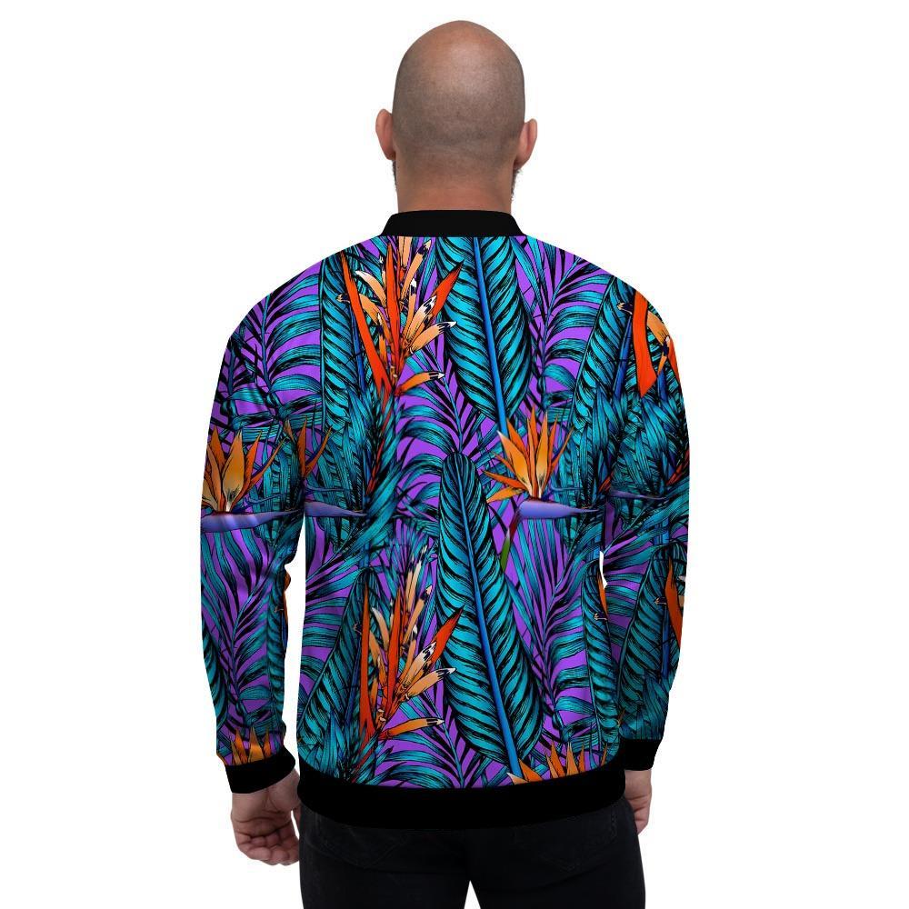 Neon Palm Leaf Tropical Print Men's Bomber Jacket-grizzshop