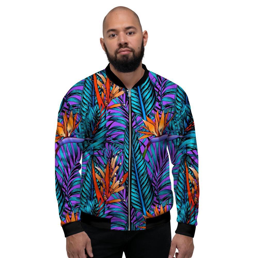 Neon Palm Leaf Tropical Print Men's Bomber Jacket-grizzshop